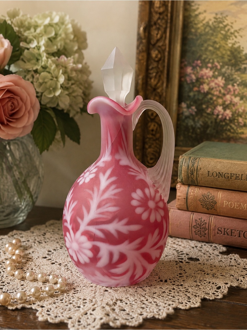 Vintage Pink and White Floral Glass Ewer with Frosted Handle and Crystal Stopper